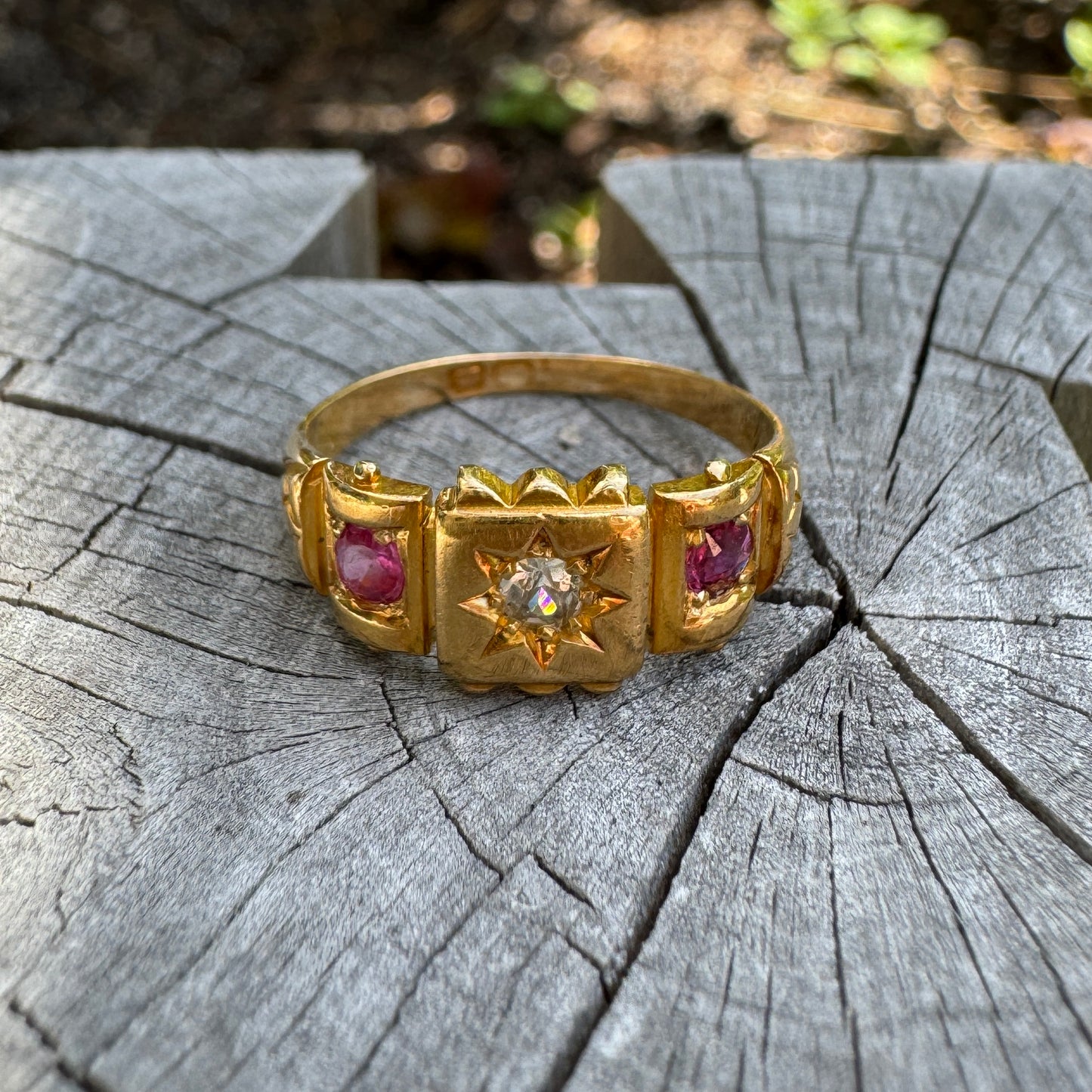 Vintage 18ct yellow gold 0.12ct old mine cut diamond and 0.25ct TCW natural pink sapphire starset gypsy ring