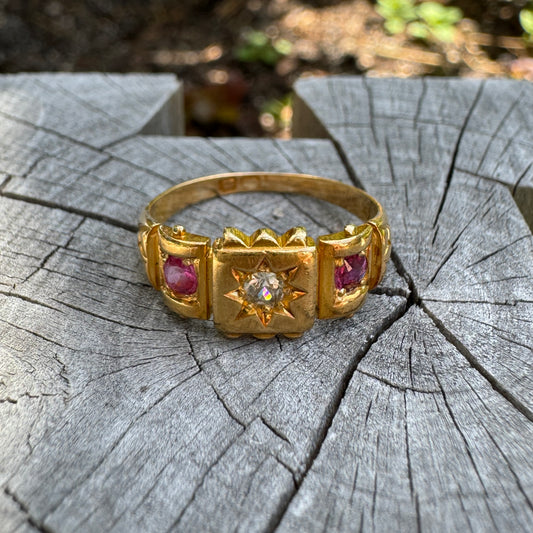 Vintage 18ct yellow gold 0.12ct old mine cut diamond and 0.25ct TCW natural pink sapphire starset gypsy ring