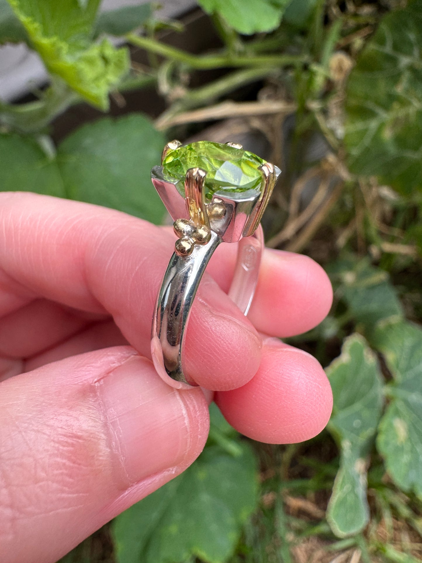 Custom handmade sterling silver and recycled 18ct yellow gold 2.54ct peridot ring