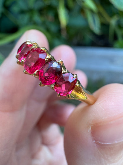 Antique 18ct yellow gold five stone 1.09ct TCW old single cut natural pink 'Jedi' spinel ring