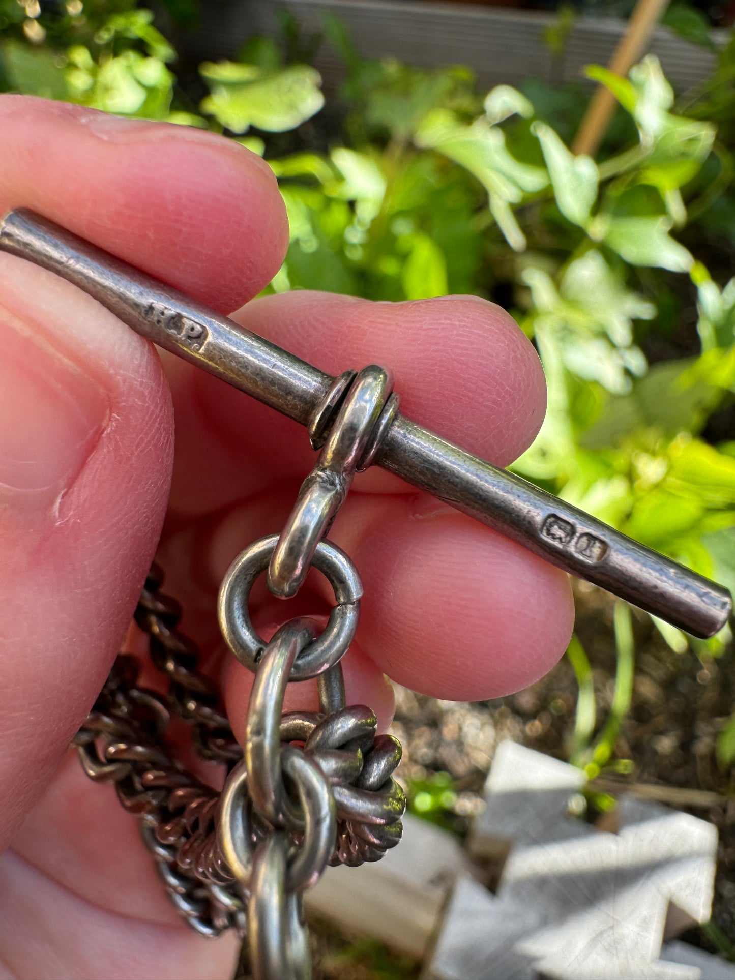 Antique sterling silver watch chain with two dog clips and t-bar, 35cm / 13.8 inches long