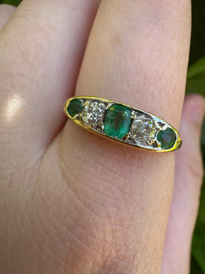 Vintage 18ct yellow gold five stone 0.33ct TCW natural emerald and 0.25ct TCW old mine cut diamond ring