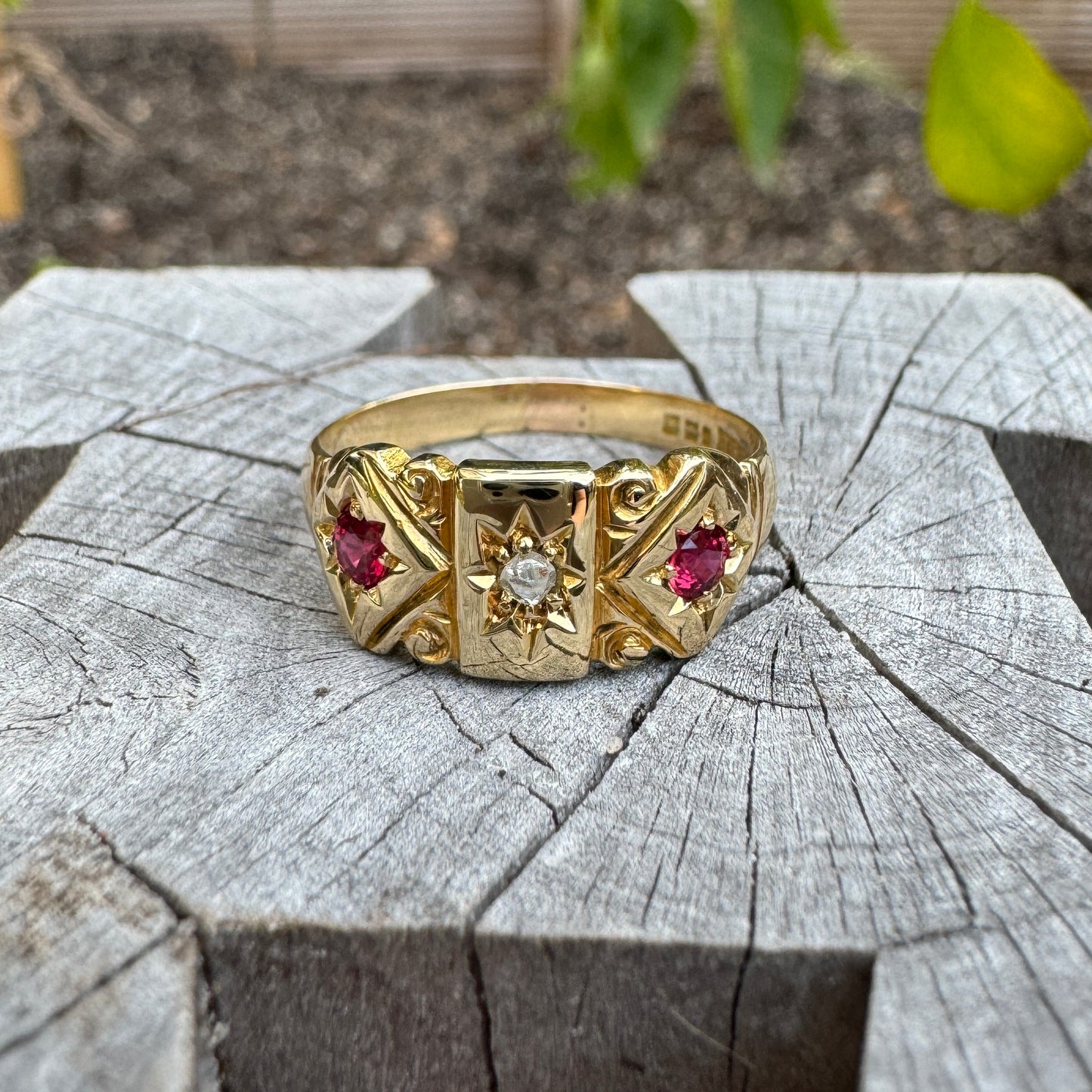 Antique Australian 15ct yellow gold rose cut diamond and ruby starset gypsy ring