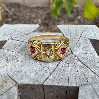 Antique Australian 15ct yellow gold rose cut diamond and ruby starset gypsy ring