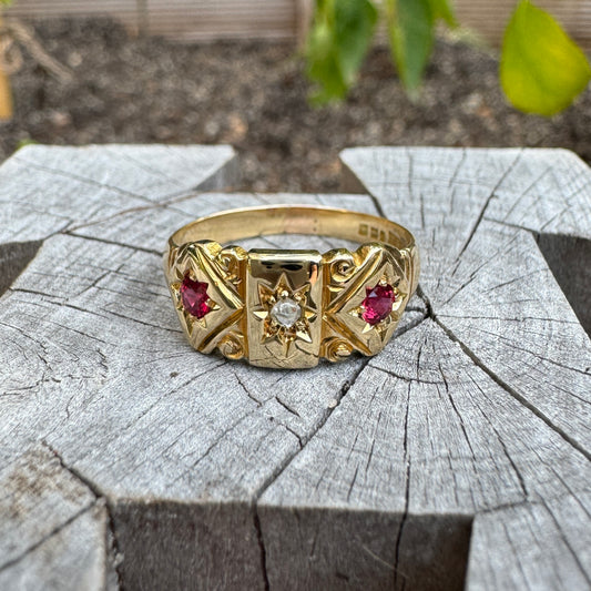 Antique Australian 15ct yellow gold rose cut diamond and ruby starset gypsy ring