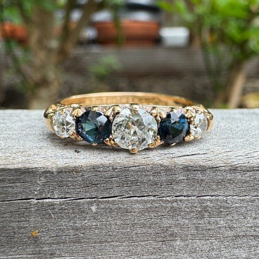 Antique Edwardian English 18ct yellow gold five stone 0.45ct TCW old European cut diamond and 0.42ct TCW sapphire ring