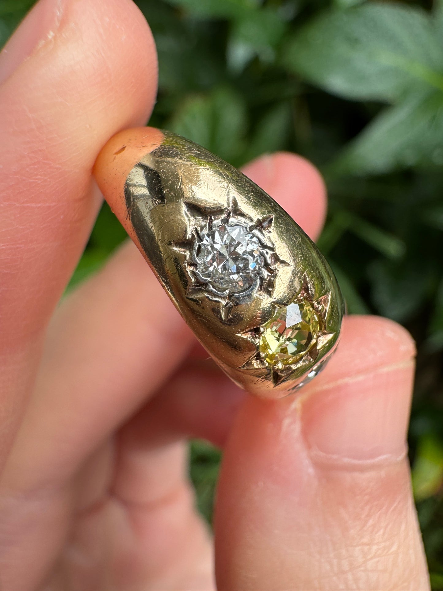 Antique 18ct yellow gold three stone 0.54ct TCW old cut diamond starset gypsy ring with fancy yellow centre