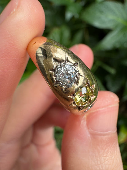 Antique 18ct yellow gold three stone 0.54ct TCW old cut diamond starset gypsy ring with fancy yellow centre