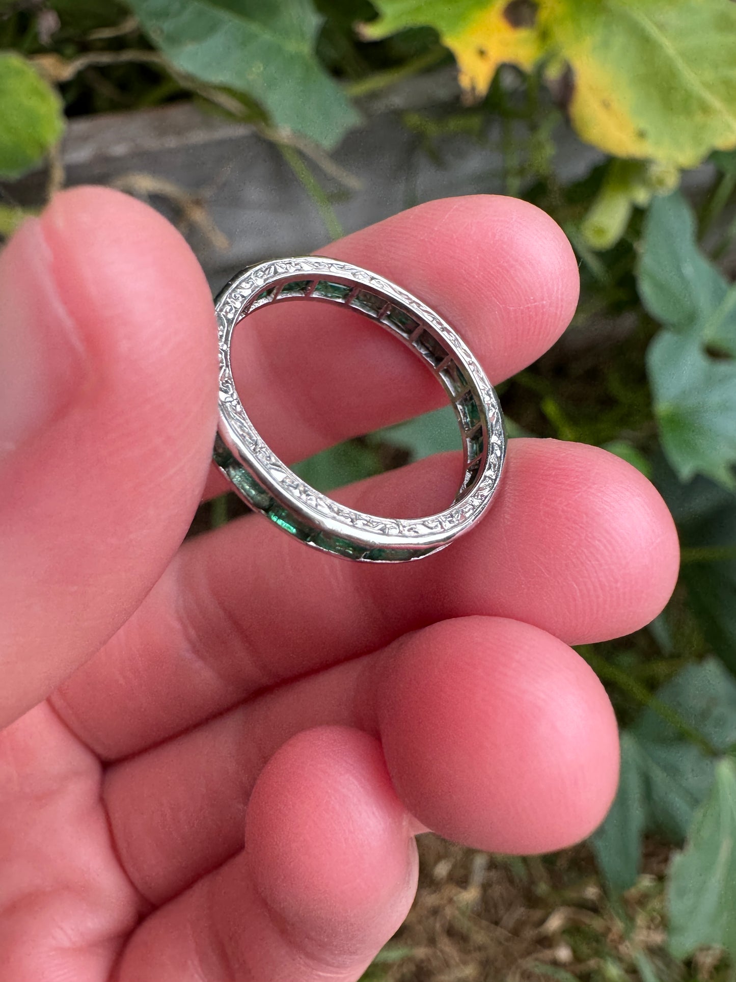Antique platinum 1.02ct TCW natural emerald engraved eternity ring