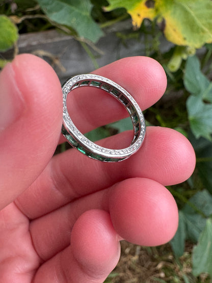 Antique platinum 1.02ct TCW natural emerald engraved eternity ring