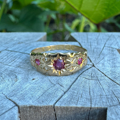 Antique Victorian 15ct rosy gold scalloped ruby, red spinel and rose cut diamond gypsy ring