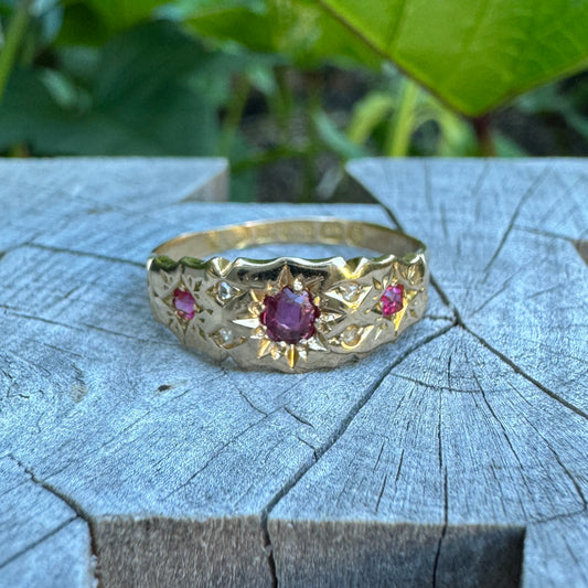 Antique Victorian 15ct rosy gold scalloped ruby, red spinel and rose cut diamond gypsy ring