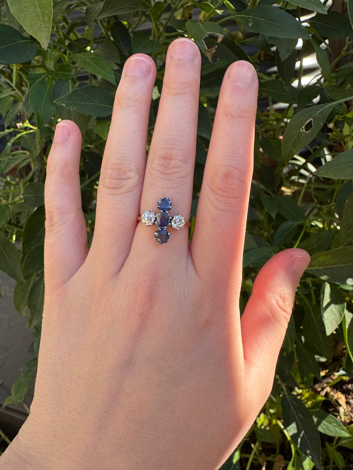 Antique 18ct yellow gold and platinum 1.12ct TCW natural sapphire and 0.8ct TCW old mine cut diamond ring