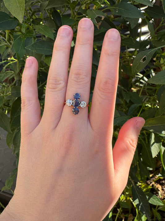 Antique 18ct yellow gold and platinum 1.12ct TCW natural sapphire and 0.8ct TCW old mine cut diamond ring