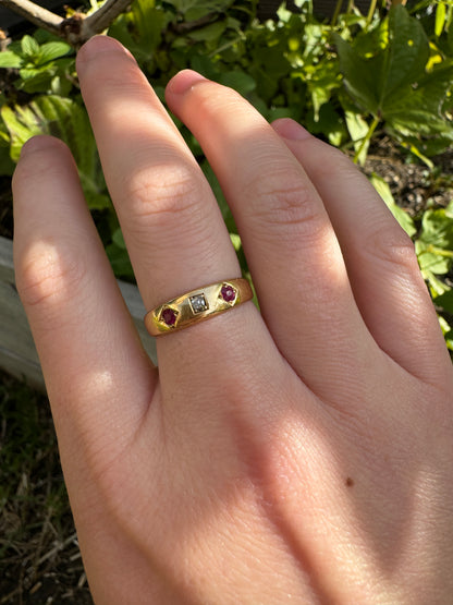 Antique Victorian 18ct yellow gold rose cut diamond and cushion cut ruby gypsy ring