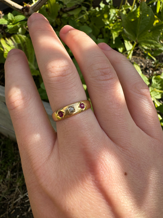 Antique Victorian 18ct yellow gold rose cut diamond and cushion cut ruby gypsy ring