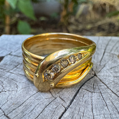Antique 18ct yellow gold 0.15ct TCW old mine cut and single cut diamond snake ring