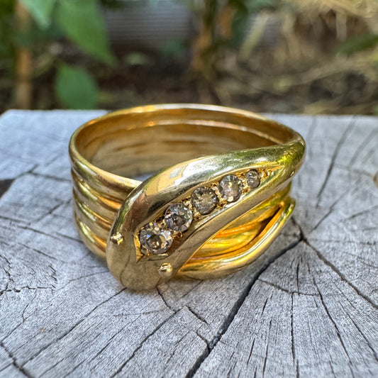 Antique 18ct yellow gold 0.15ct TCW old mine cut and single cut diamond snake ring