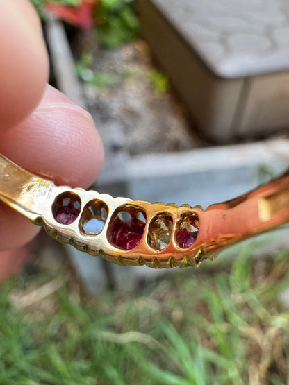 Antique Australian Wendt 18ct yellow gold five stone 0.33ct TCW natural old cut ruby and rose cut diamond ring