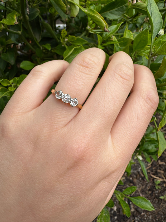 Vintage 18ct yellow gold and platinum three stone 0.75ct TCW old mine cut diamond ring