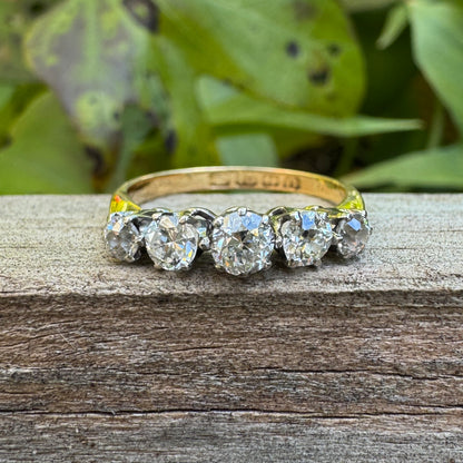 Antique English 18ct gold old cut diamond five stone ring