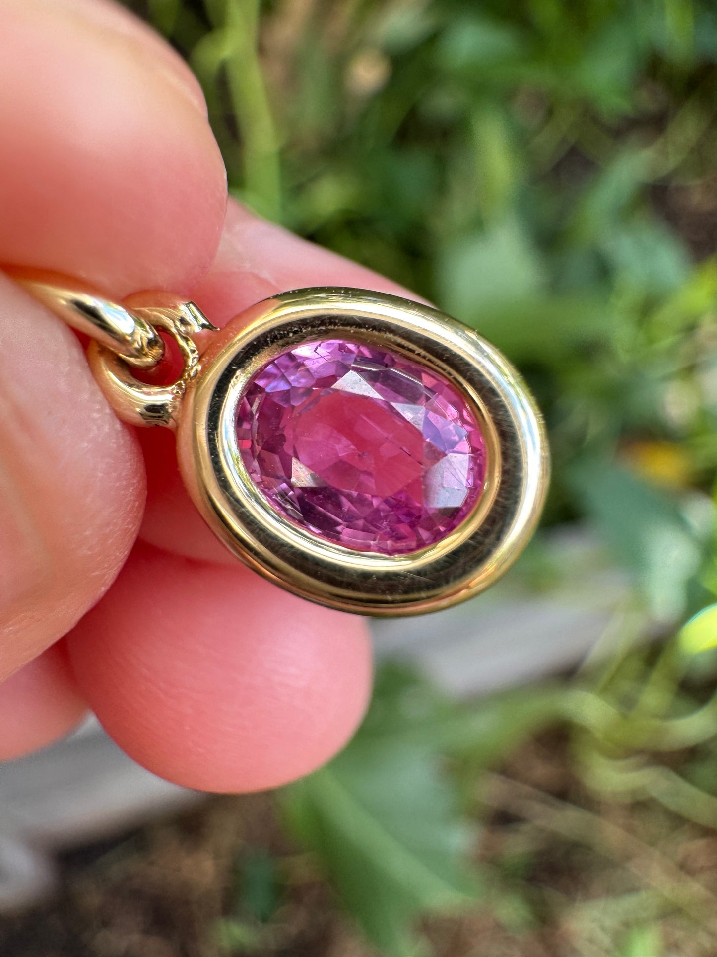 Custom handmade recycled 9ct yellow gold 0.93ct natural pink sapphire bezel set pendant