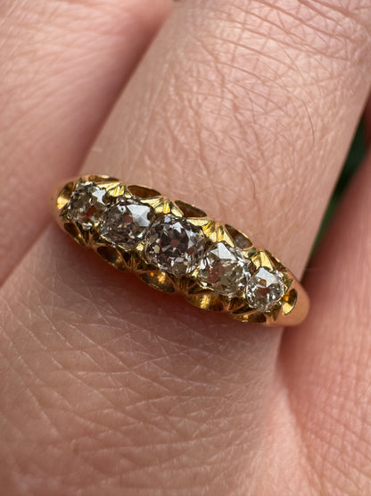 Antique English 18ct yellow gold five stone 0.3ct TCW old mine cut diamond ring