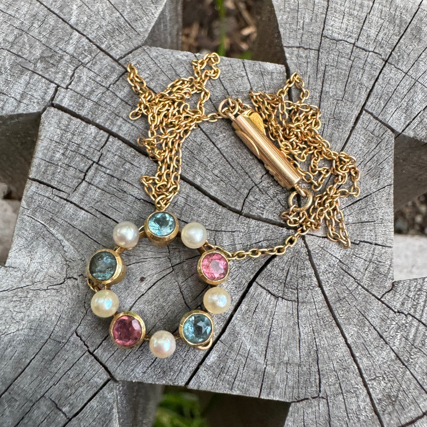 Antique 15ct yellow gold morganite, aquamarine and pearl necklace