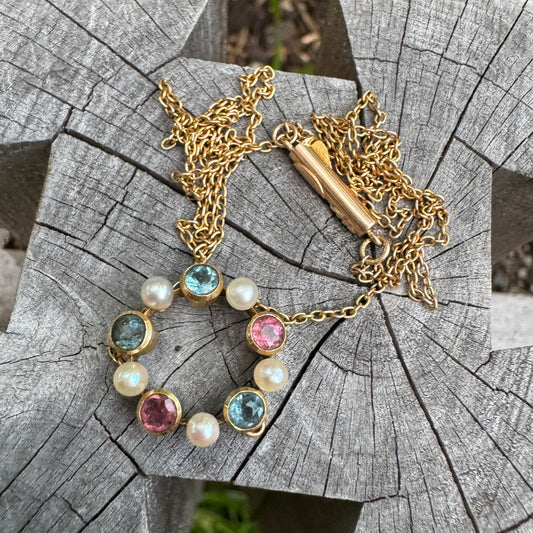 Antique 15ct yellow gold morganite, aquamarine and pearl necklace