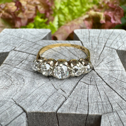 Vintage 18ct yellow gold five stone 1.5ct TCW old mine cut diamond ring