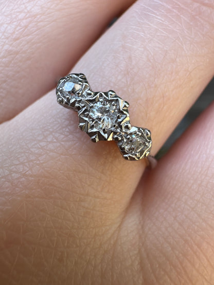 Vintage 18ct white gold and platinum three stone 0.16ct TCW old mine cut and old European cut diamond ring