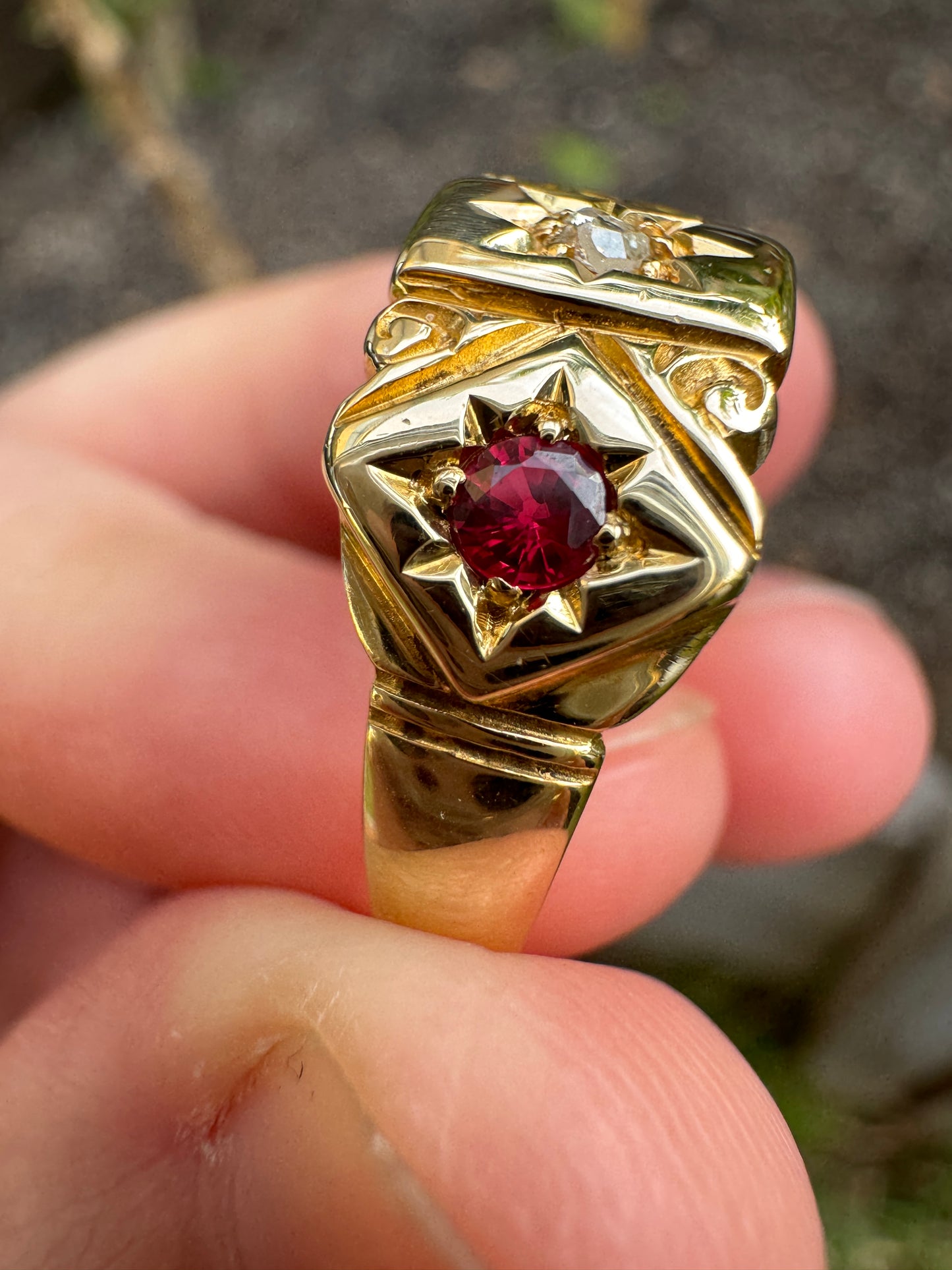 Antique Australian 15ct yellow gold rose cut diamond and ruby starset gypsy ring