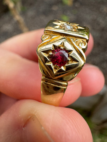 Antique Australian 15ct yellow gold rose cut diamond and ruby starset gypsy ring