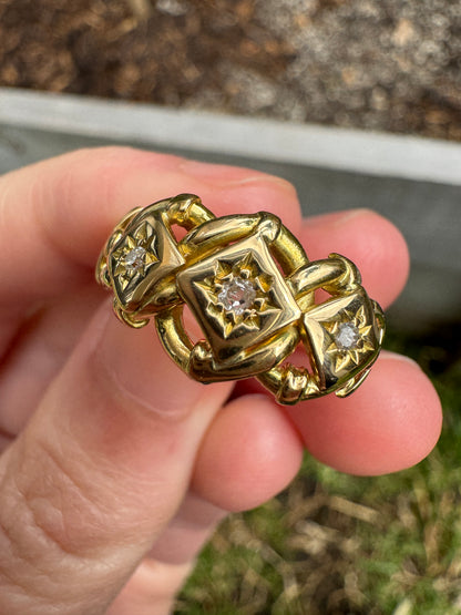 Antique 18ct yellow gold old cut diamond starset knot ring