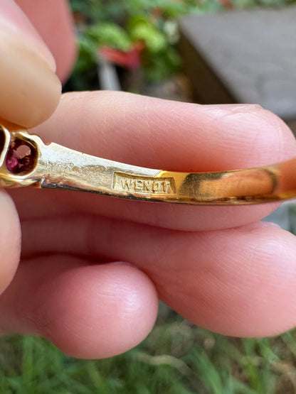 Antique Australian Wendt 18ct yellow gold five stone 0.33ct TCW natural old cut ruby and rose cut diamond ring