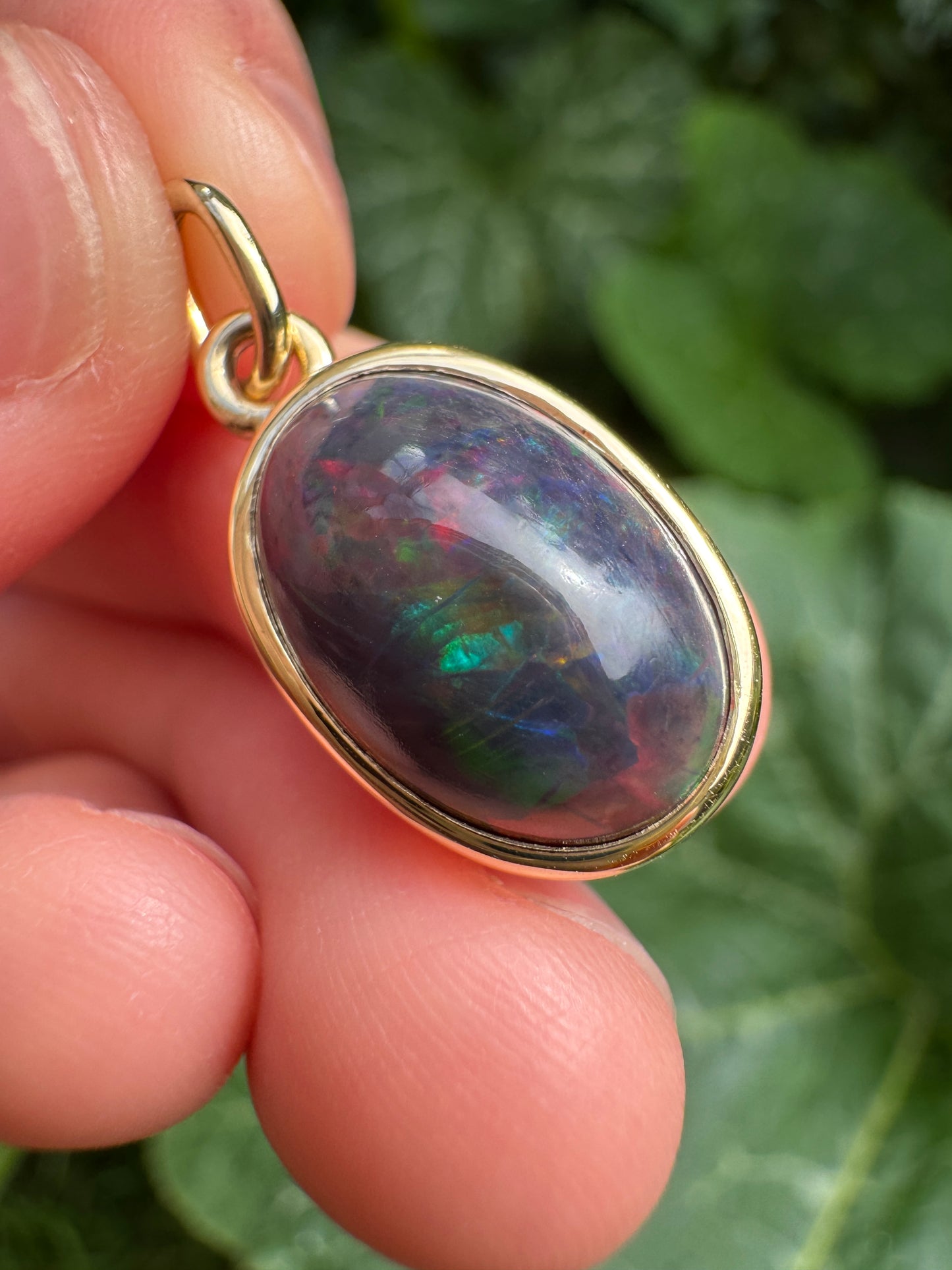 Custom handmade recycled 9ct yellow gold 3.01ct dark opal cabochon bezel set pendant