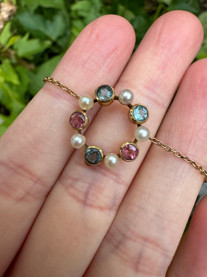 Antique 15ct yellow gold morganite, aquamarine and pearl necklace