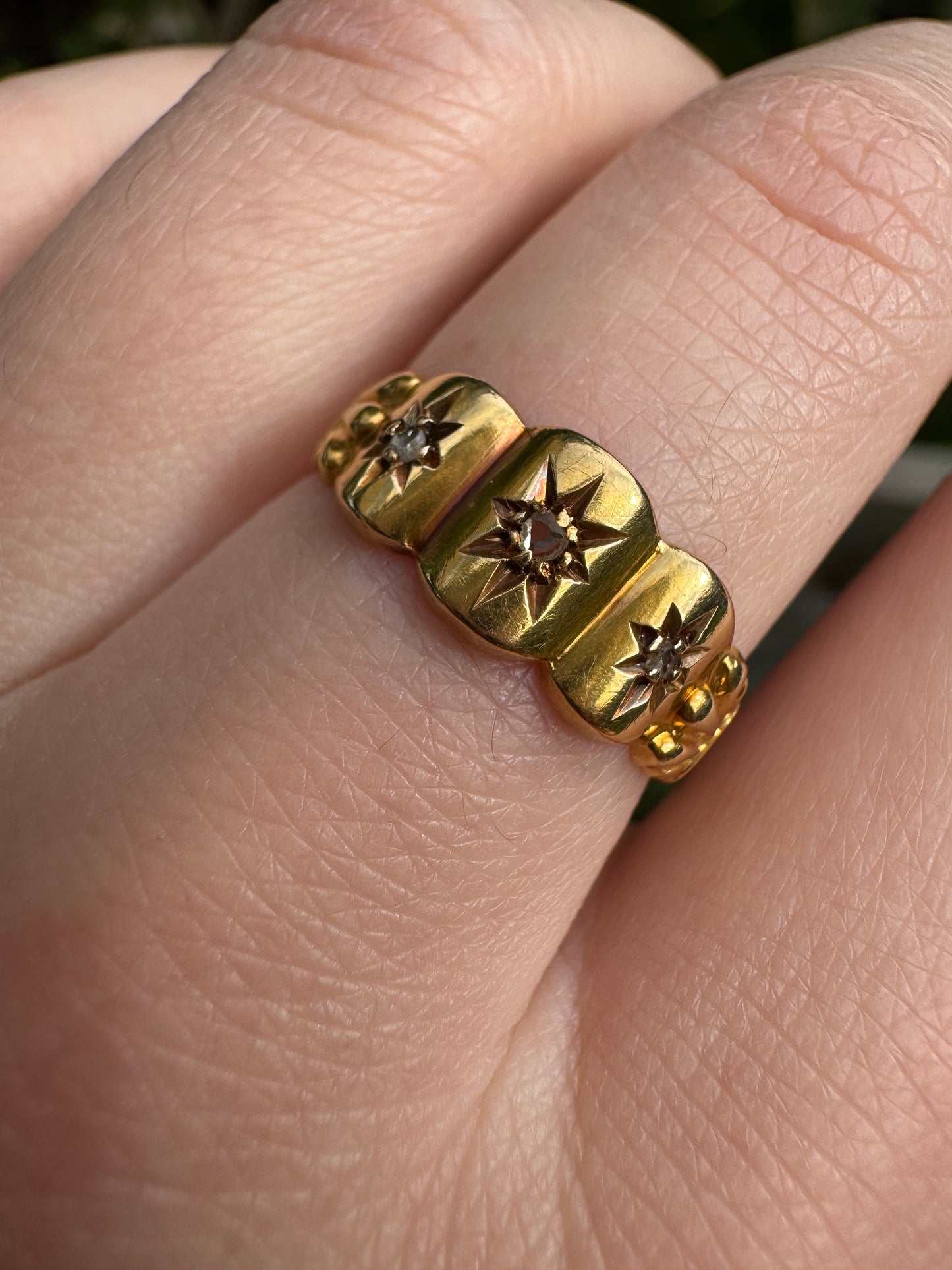 Antique Edwardian English 18ct gold rose cut diamond gypsy ring