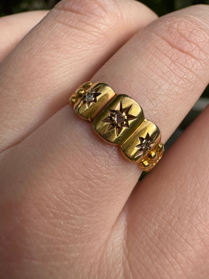 Antique Edwardian English 18ct gold rose cut diamond gypsy ring