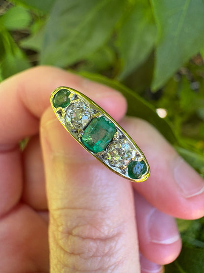 Vintage 18ct yellow gold five stone 0.33ct TCW natural emerald and 0.25ct TCW old mine cut diamond ring