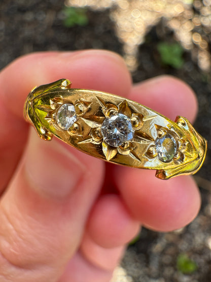 Antique 22ct yellow gold three stone 0.25ct TCW transitional cut diamond starset gypsy ring