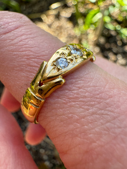 Antique 22ct yellow gold three stone 0.25ct TCW transitional cut diamond starset gypsy ring
