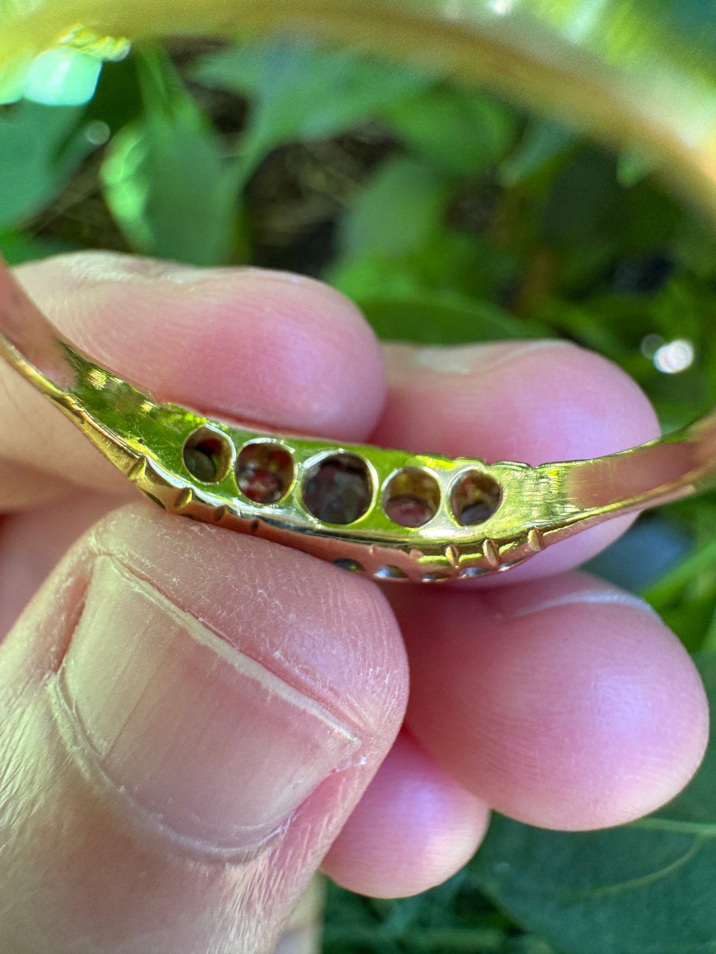 Vintage 18ct yellow gold five stone 0.33ct TCW natural emerald and 0.25ct TCW old mine cut diamond ring
