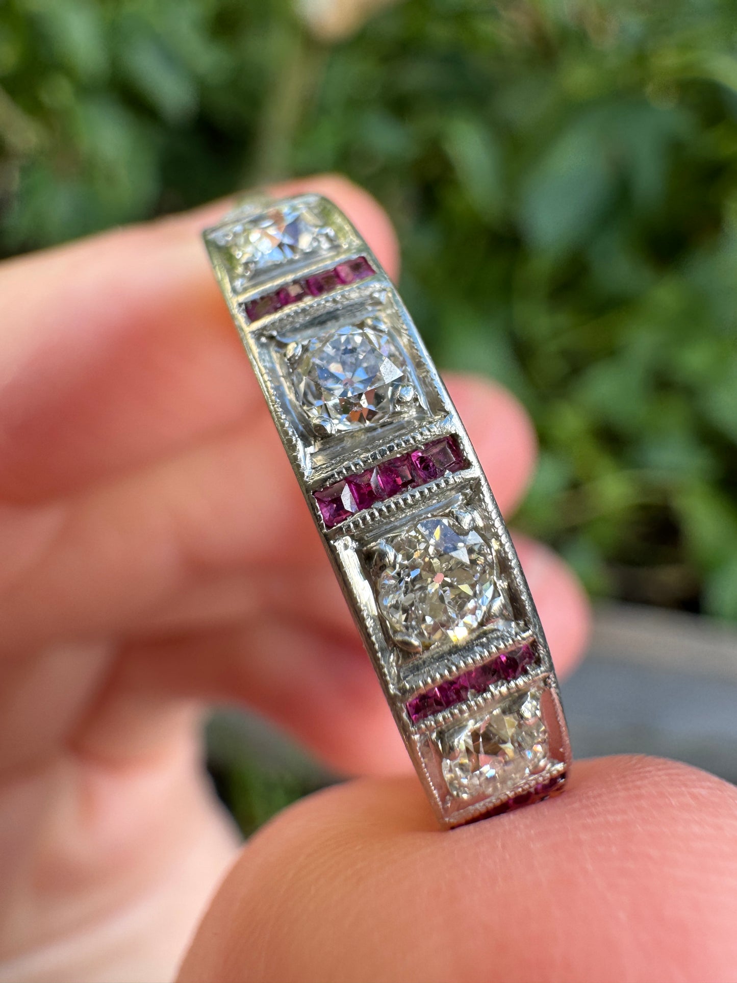Antique 18ct yellow gold and platinum seven stone 0.73ct old cut diamond ring with 24 accent calibre cut rubies