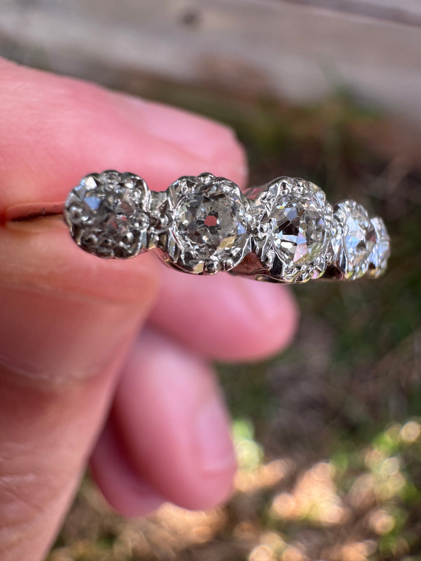 Antique 18ct yellow gold and platinum five stone 0.45ct TCW old mine cut diamond bezel set ring