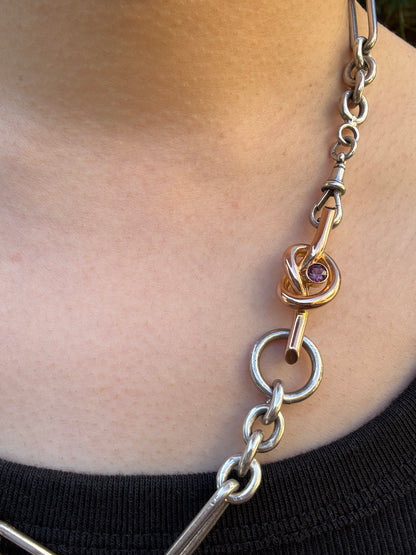 Antique 9ct rosy yellow gold 0.52ct garnet love knot brooch/chain extender