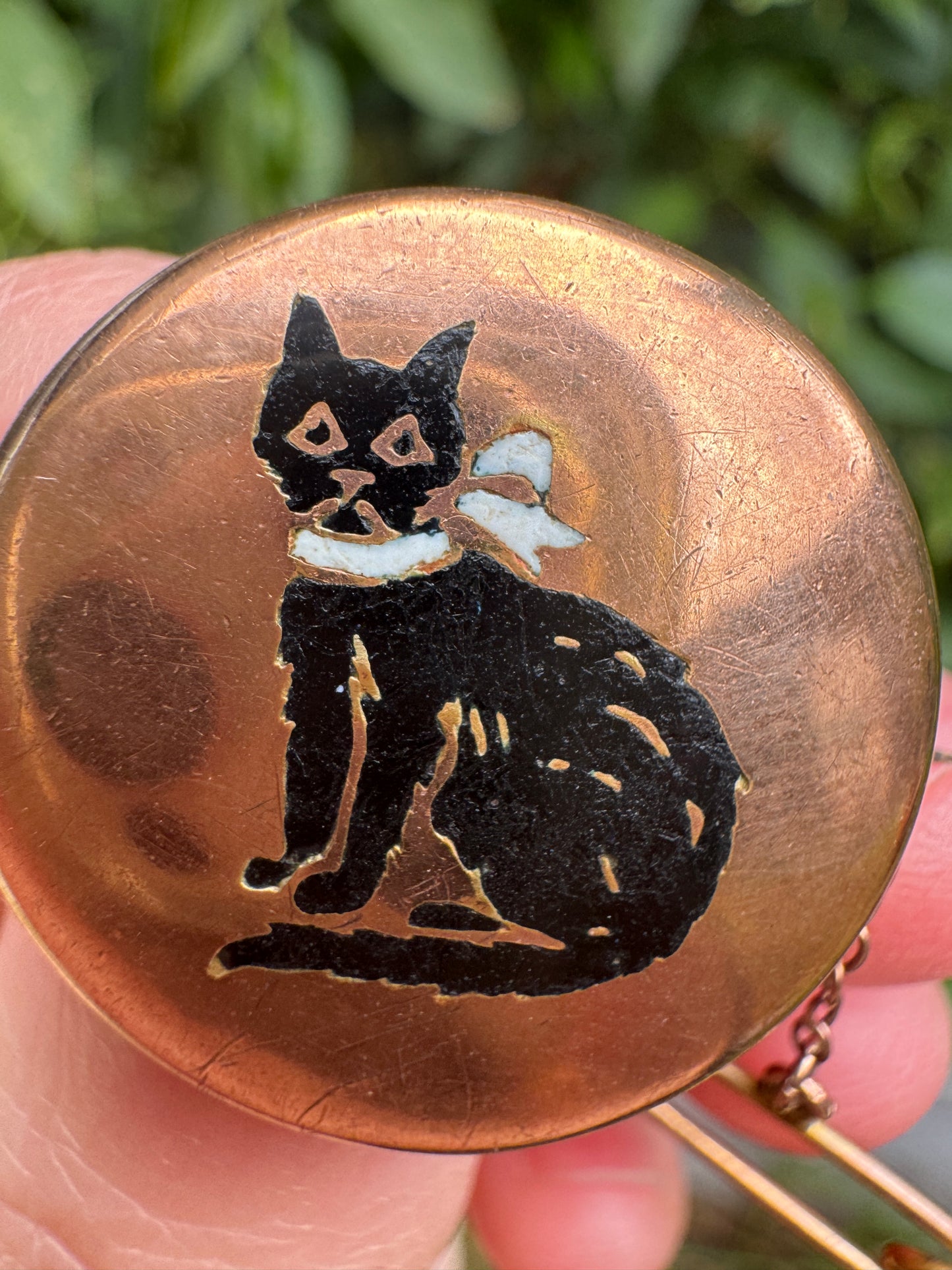 Antique 9ct rose gold enamel cat brooch with safety chain