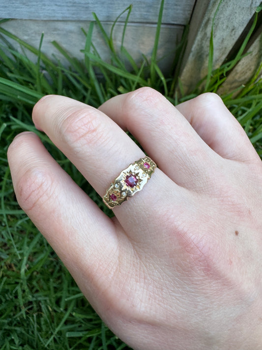 Antique Victorian 15ct rosy gold scalloped ruby, red spinel and rose cut diamond gypsy ring