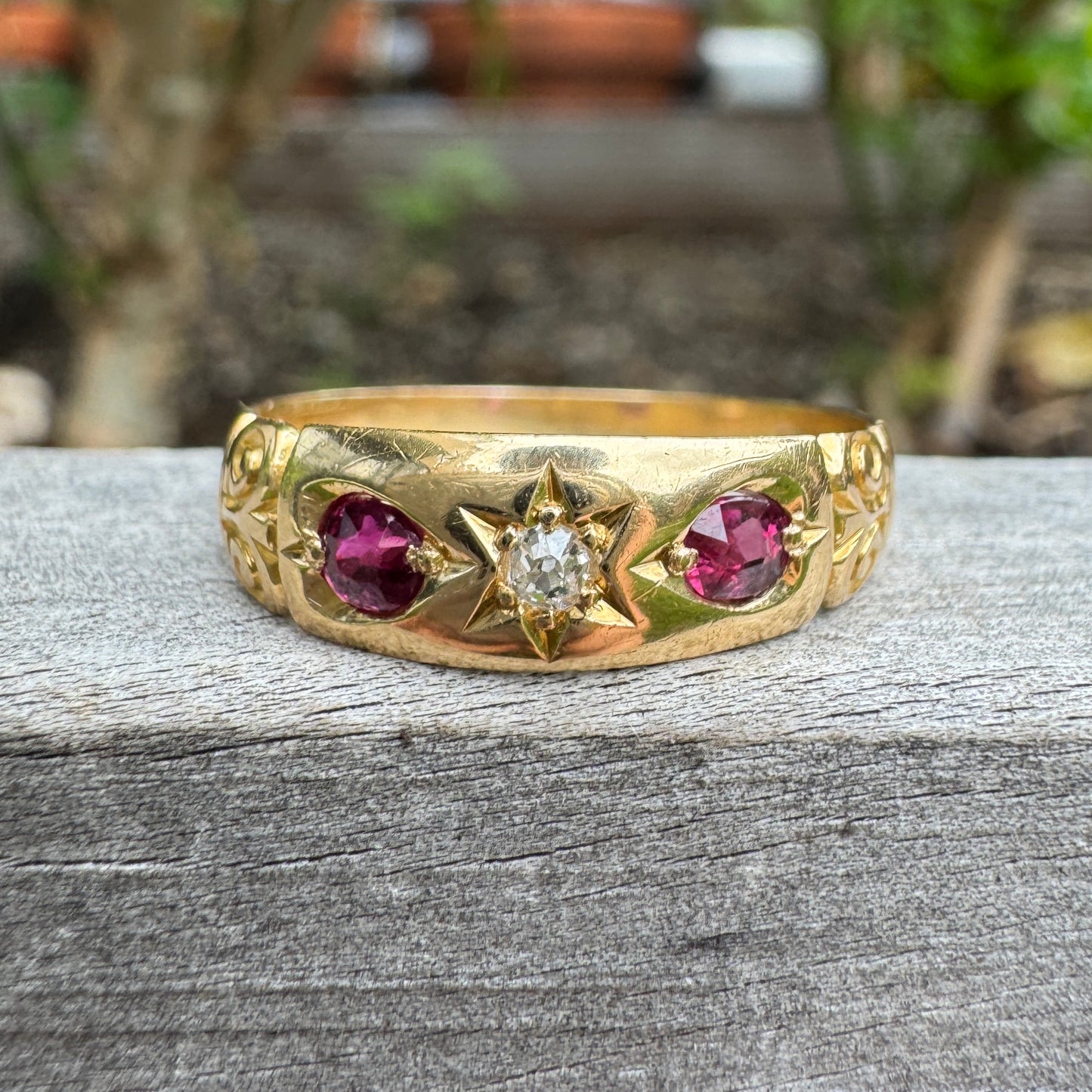 Antique Victorian English 18ct yellow gold 0.3ct TCW cushion cut natural ruby and 4pt old mine cut diamond gypsy ring
