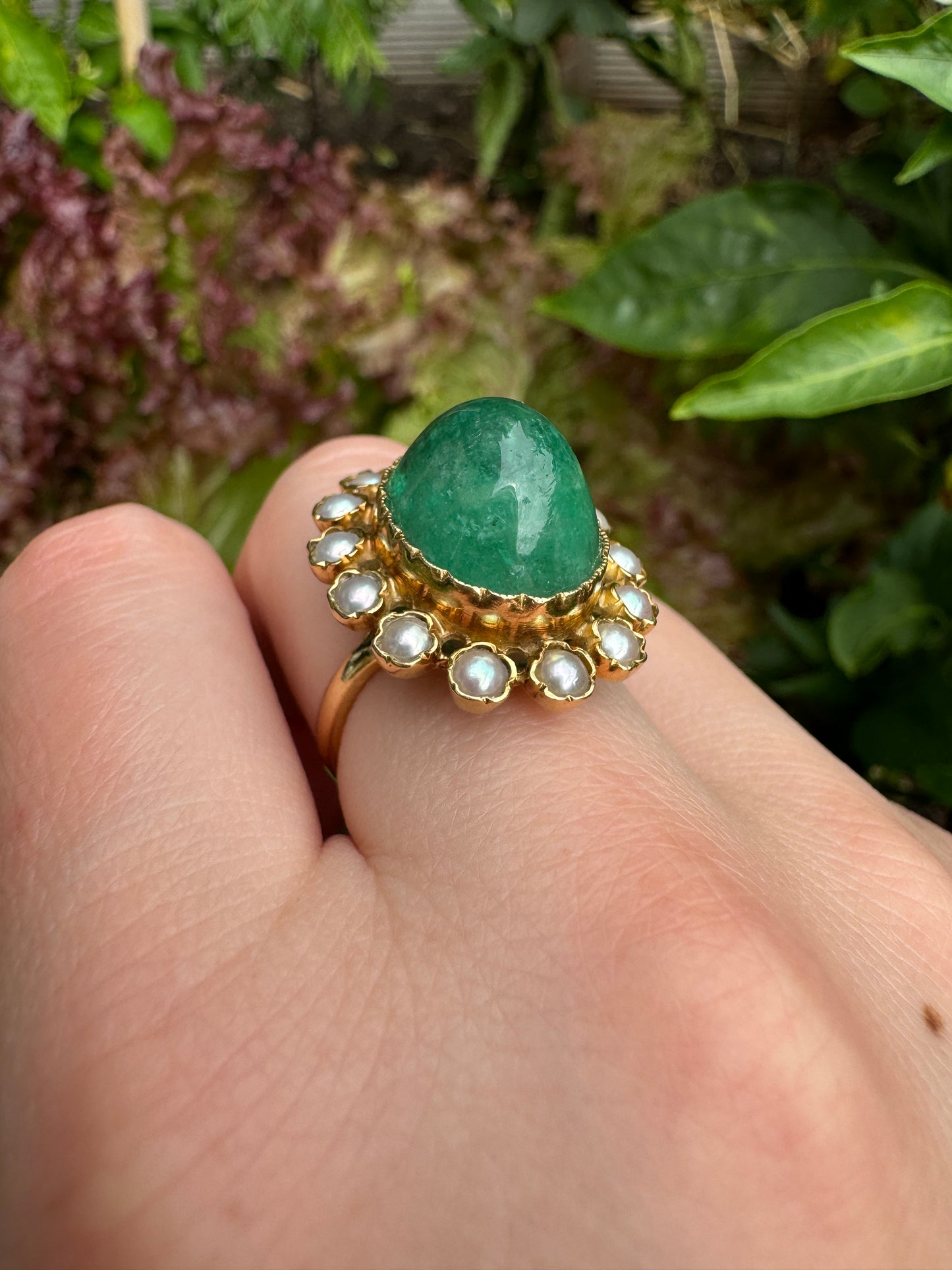 Vintage French 18ct yellow gold sugarloaf emerald cabochon and pearl ring